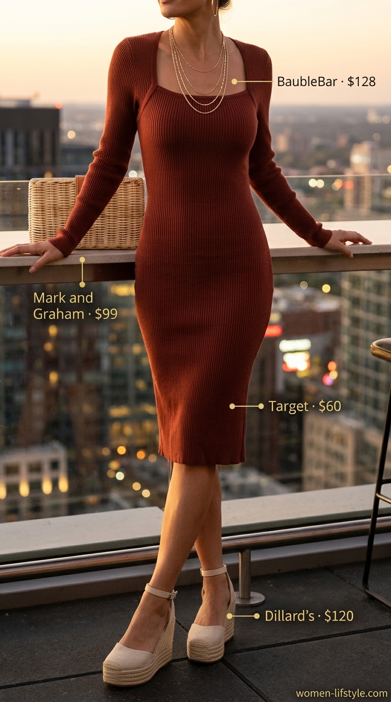 Warm terracotta bodycon midi dress with espadrille wedges for summer going out outfits for women 2026.