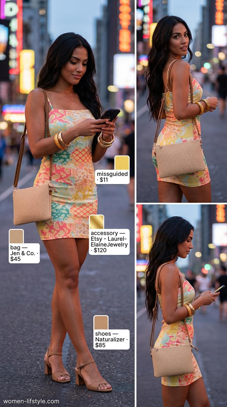 Tropical print bodycon mini dress with tan block heels and straw bag for bodycon summer going out outfits for women 2026.
