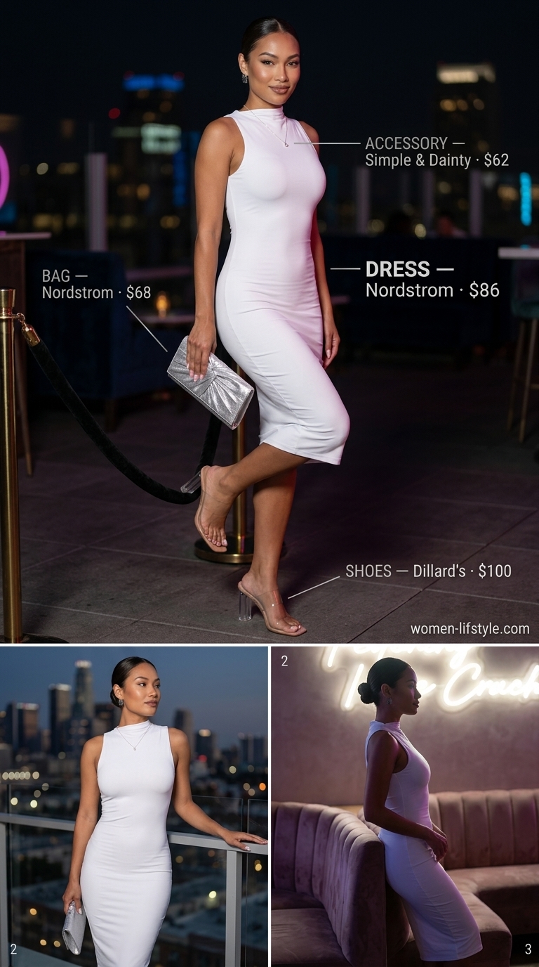 Chic white bodycon midi dress with silver accents for formal going out outfits for women 2026.