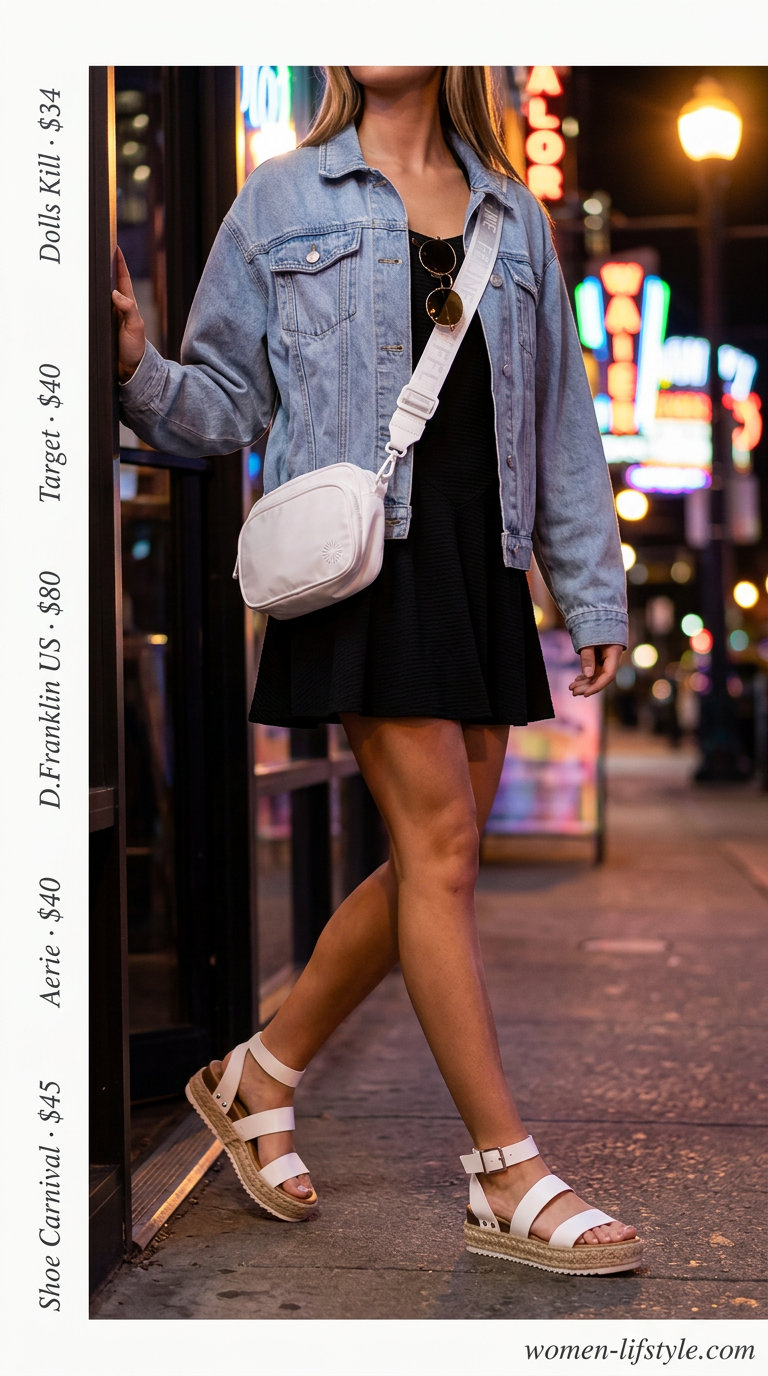 Fun yellow bodycon dress with denim jacket & platform sandals for festival going out outfits for women 2026.