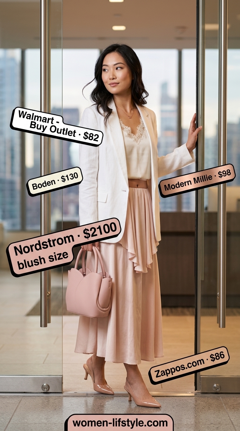 Blush pink pleated skirt with ivory camisole for casual Friday summer outfits for women 2026.