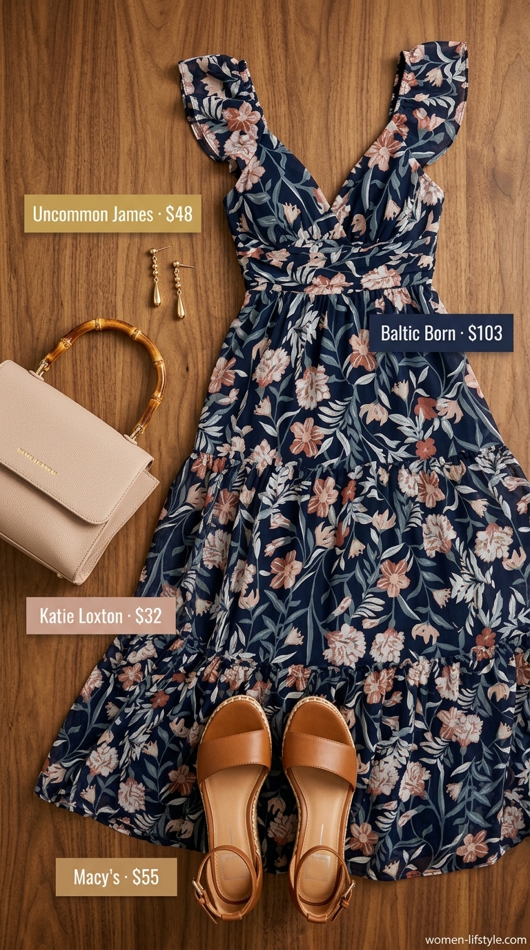 Floral maxi dress, tan espadrilles, and tan crossbody bag for casual Friday summer outfits for women 2026.