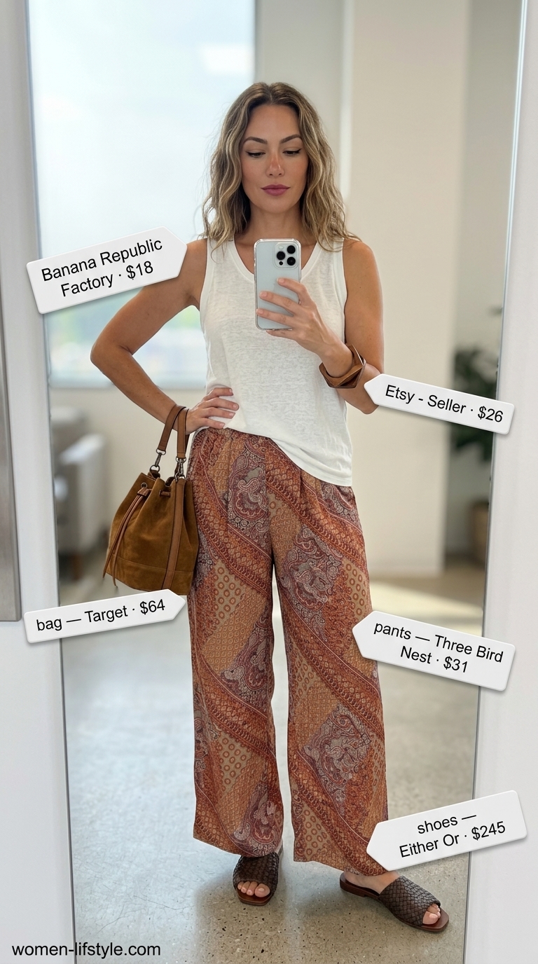 Casual Friday summer outfits for women 2026: Boho printed pants, ivory tank, leather slides.