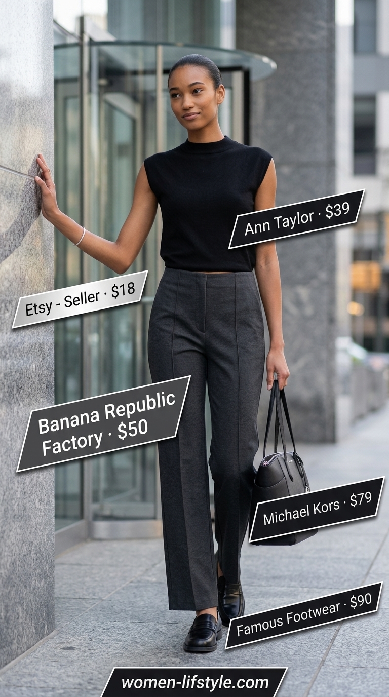 Charcoal grey trousers with black knit top for casual Friday summer outfits for women 2026.