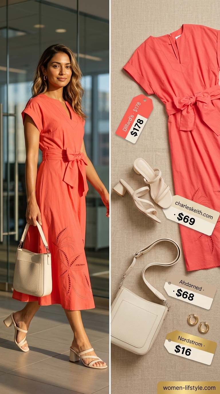 Coral A-line midi dress with cream mules for casual Friday summer outfits for women 2026.