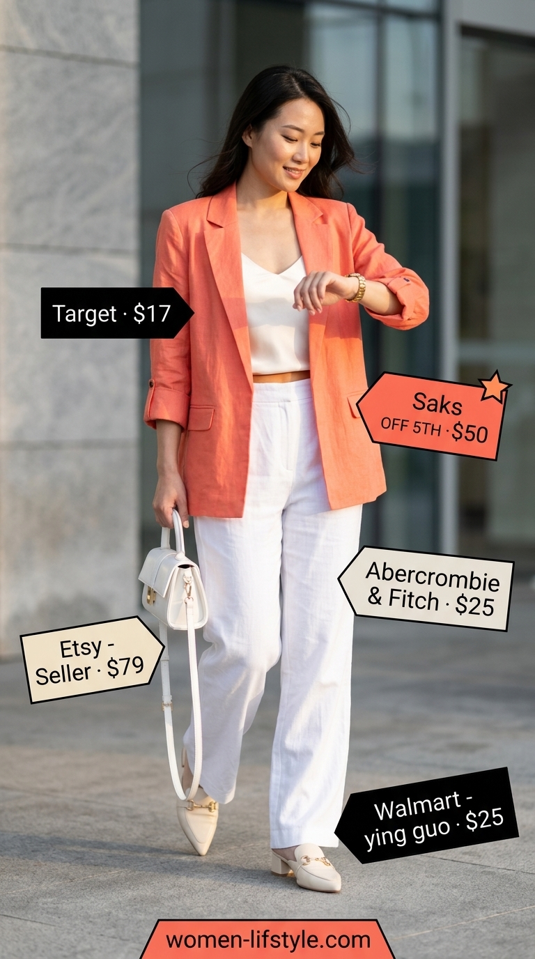 Coral blazer, white wide-leg pants, and beige mules for casual Friday summer outfits for women 2026.