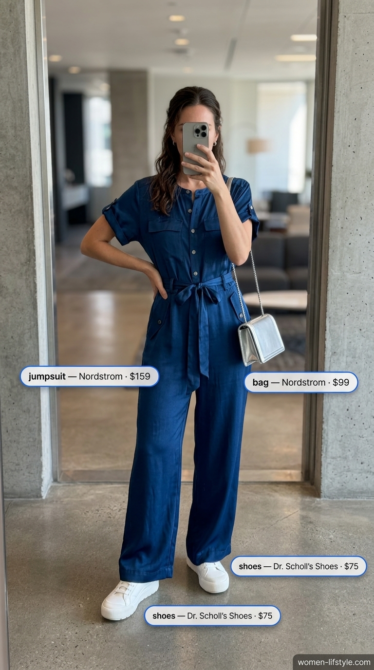 Dusty blue utility jumpsuit with white sneakers for casual Friday summer outfits for women 2026.