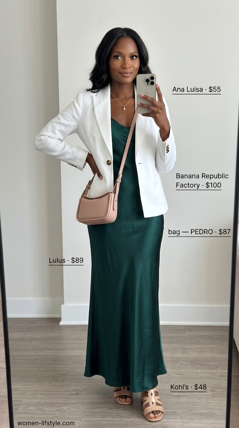 Casual Friday summer outfits for women 2026: Emerald slip dress, white blazer, nude sandals.