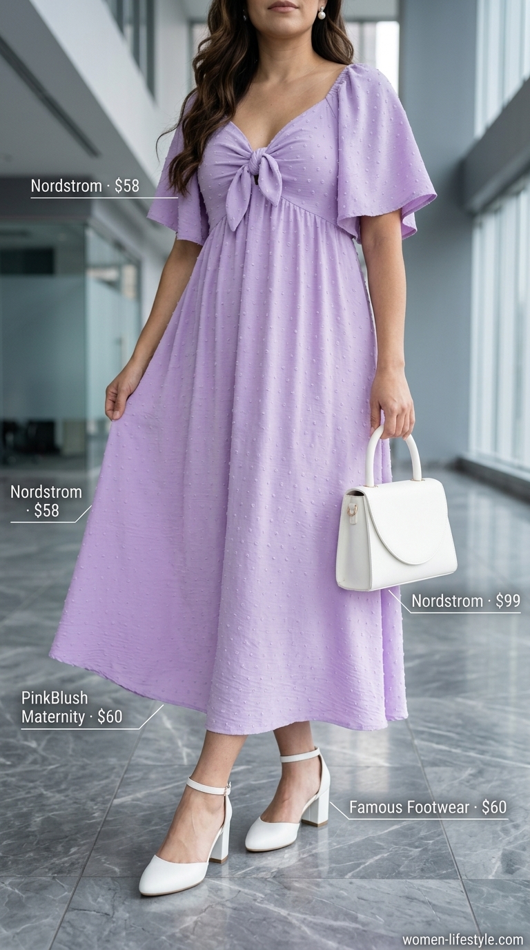 Casual Friday summer outfits for women 2026: Lavender midi dress, white pumps, pearl earrings.