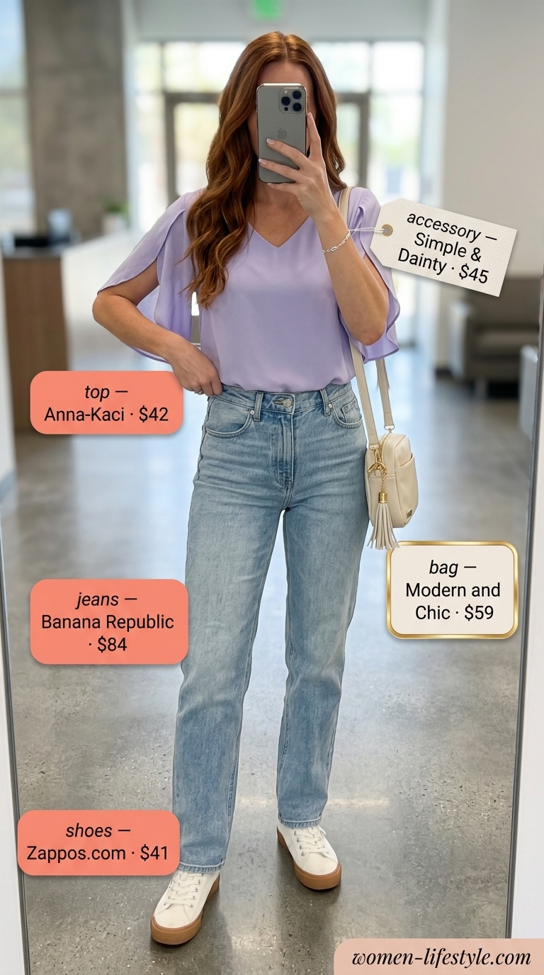 Lavender chiffon blouse with light wash jeans for casual Friday summer outfits for women 2026.