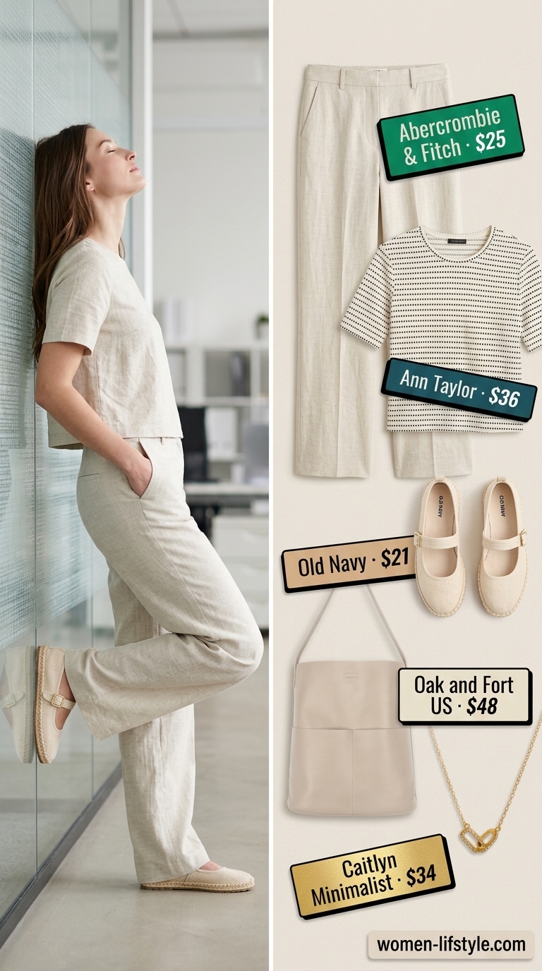 Casual Friday summer outfits for women 2026: Cream linen pants, striped top, espadrille flats.