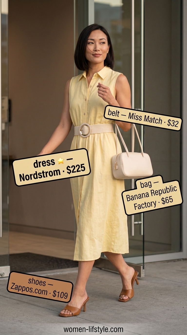 White linen shirt dress with tan mules for casual Friday summer outfits for women 2026.