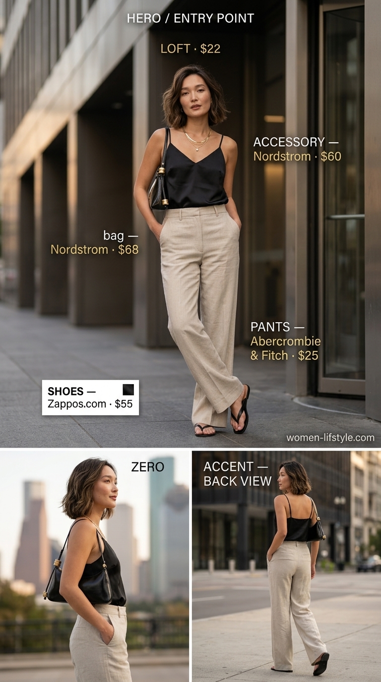 Beige linen trousers, black camisole, and black slides for casual Friday summer outfits for women 2026.