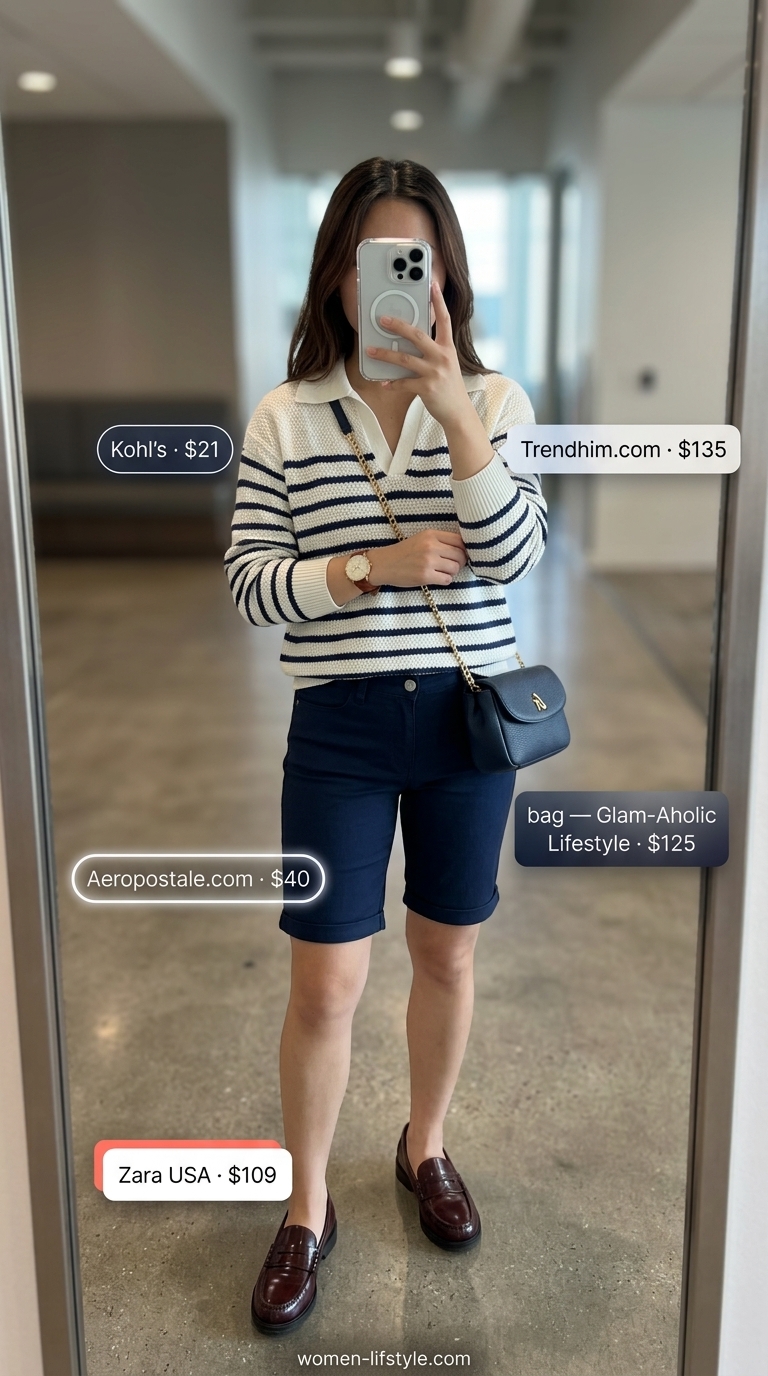 Casual Friday summer outfits for women 2026: Navy shorts, striped top, penny loafers.