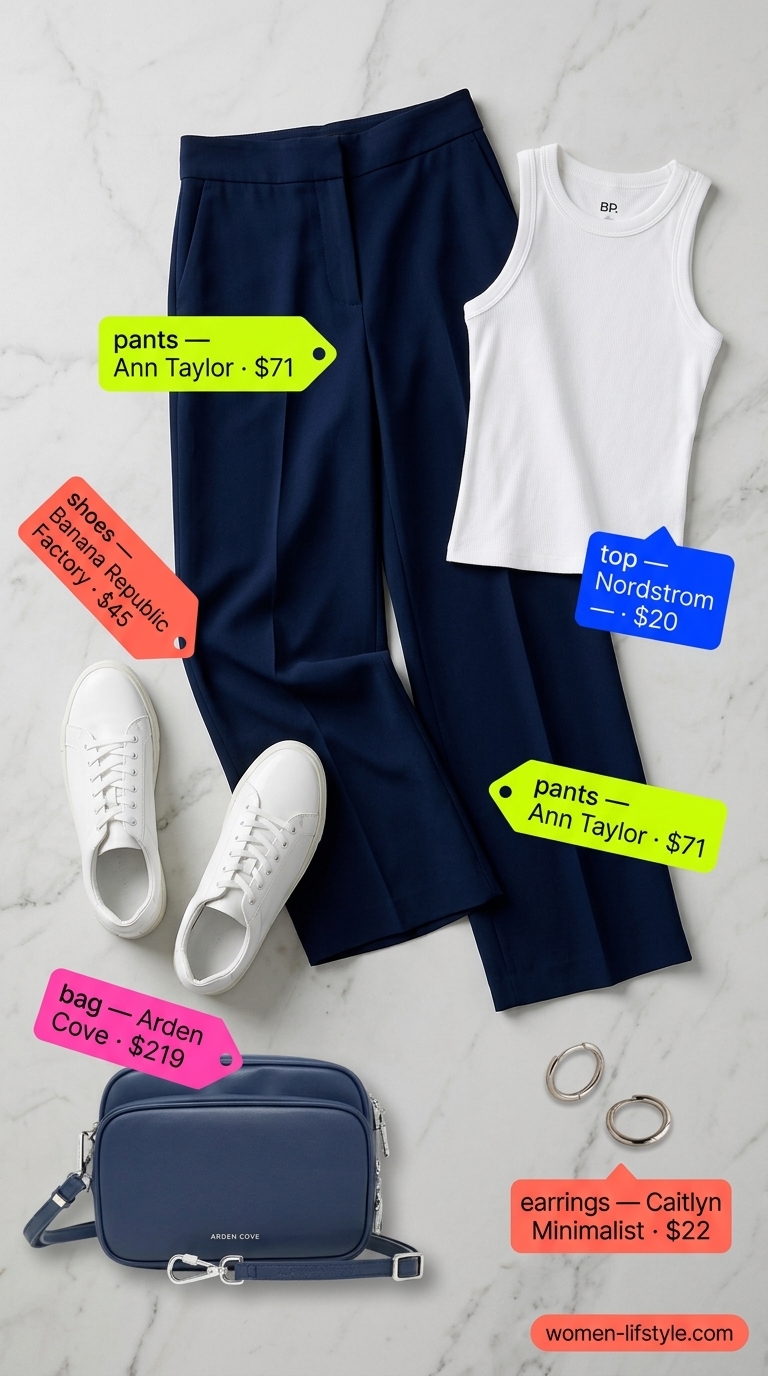 Navy culottes, white fitted top, and white sneakers for casual Friday summer outfits for women 2026.