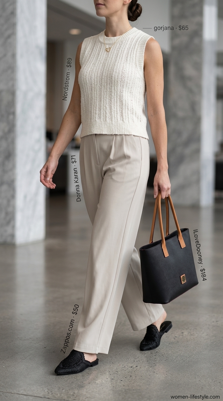Casual Friday summer outfits for women 2026: Beige wide-leg pants, cream knit top, black mules.