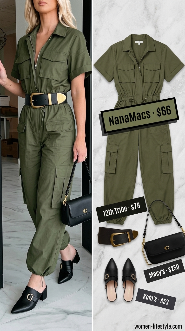 Olive green utility jumpsuit with black mules for casual Friday summer outfits for women 2026.