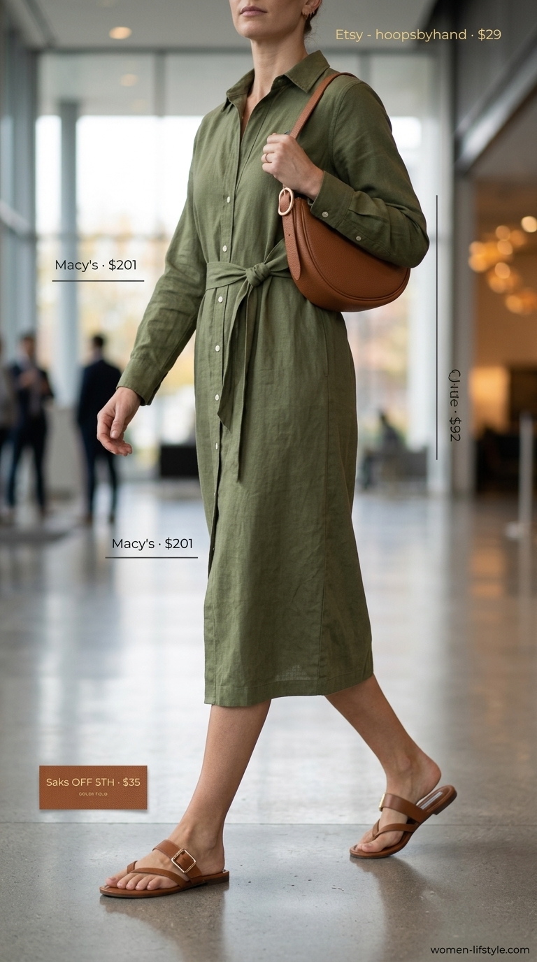 Olive green midi shirt dress, cognac slides, and gold hoops for casual Friday summer outfits for women 2026.