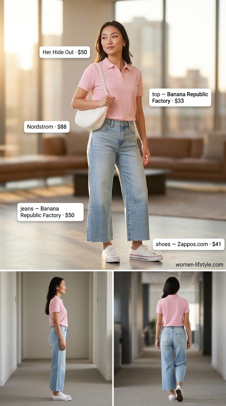 Casual Friday summer outfits for women 2026: Light wash jeans, pastel pink polo, white sneakers.
