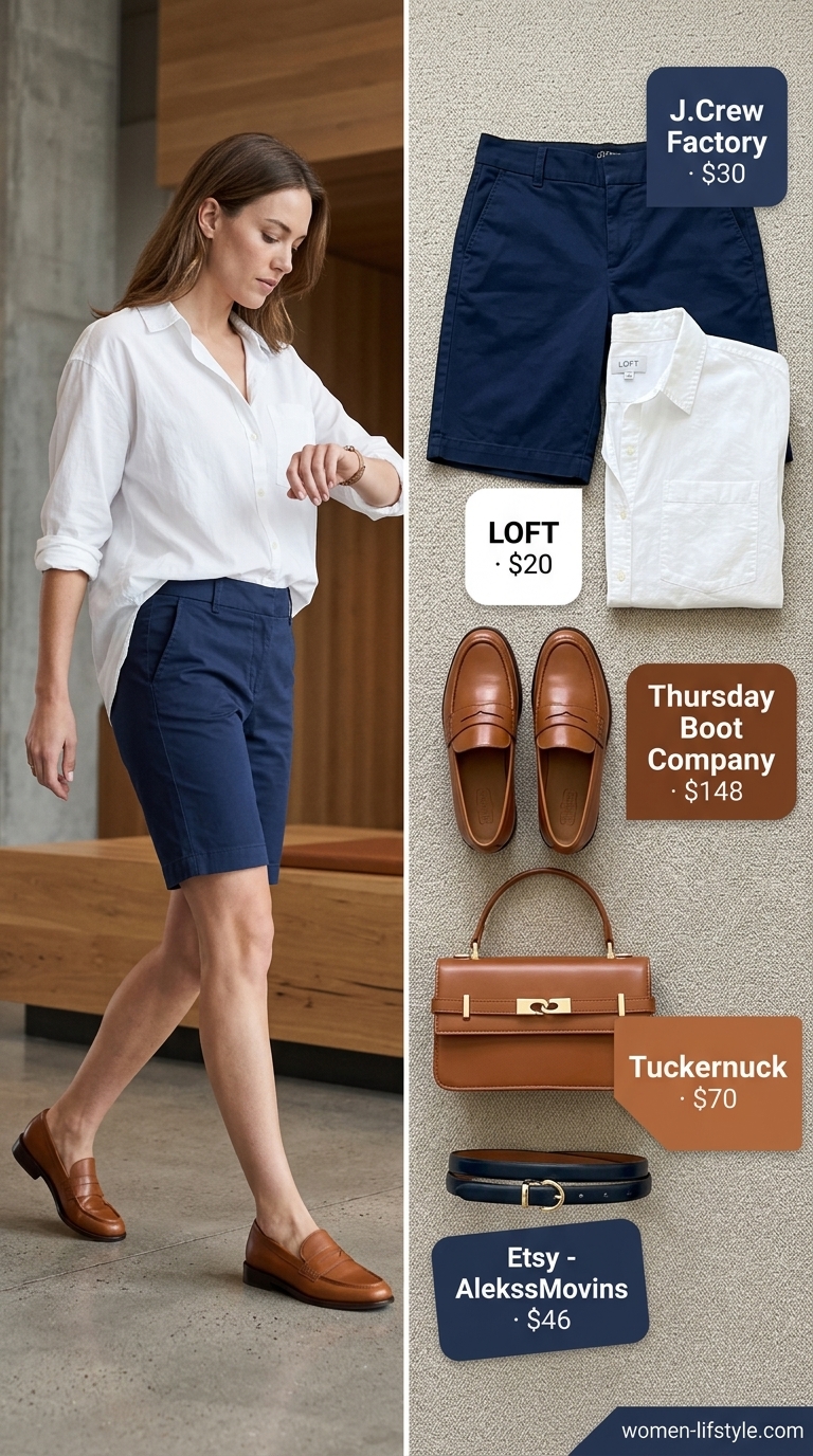 Navy Bermuda shorts, white oversized shirt, and cognac loafers for casual Friday summer outfits for women 2026.