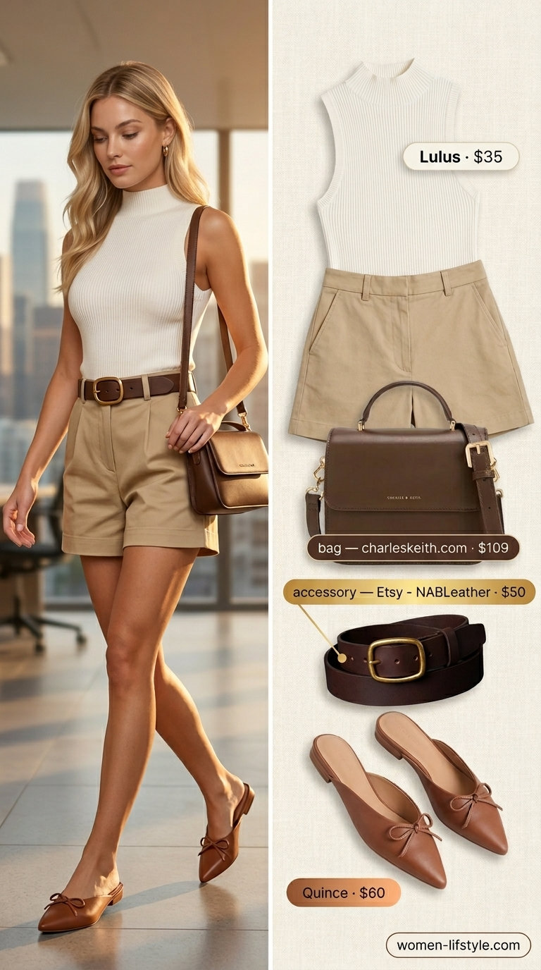 Casual Friday summer outfits for women 2026: Khaki shorts, ivory knit top, leather mules.