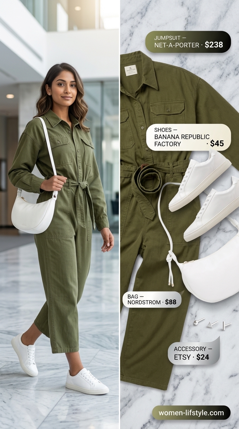 Sage green utility jumpsuit with white sneakers for casual Friday summer outfits for women 2026.