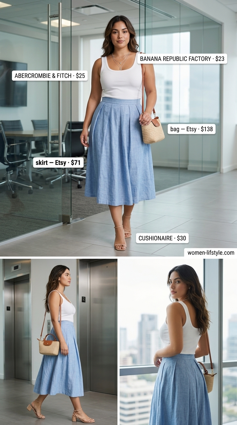 Sky blue A-line skirt with white tank top for casual Friday summer outfits for women 2026.
