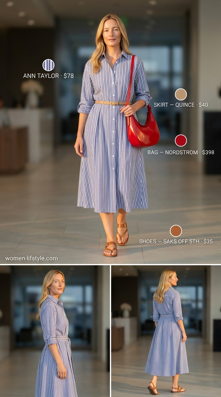 Blue stripe midi shirt dress, tan belt, and tan sandals for casual Friday summer outfits for women 2026.