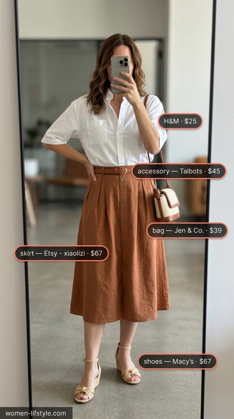Casual Friday summer outfits for women 2026: Terracotta linen skirt, white button-down, espadrilles.