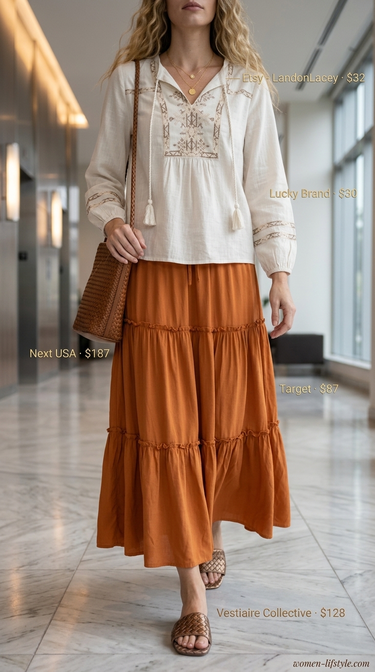 Terracotta tiered maxi skirt with ivory peasant blouse for casual Friday summer outfits for women 2026.