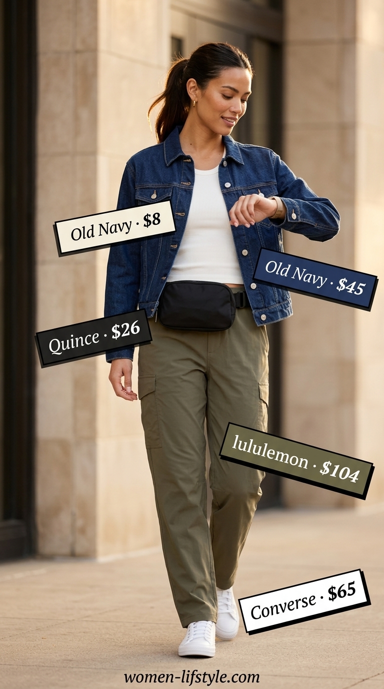 Casual outfit inspo summer for women 2026: Olive cargo pants, ribbed tank, denim jacket, and sneakers for errands.