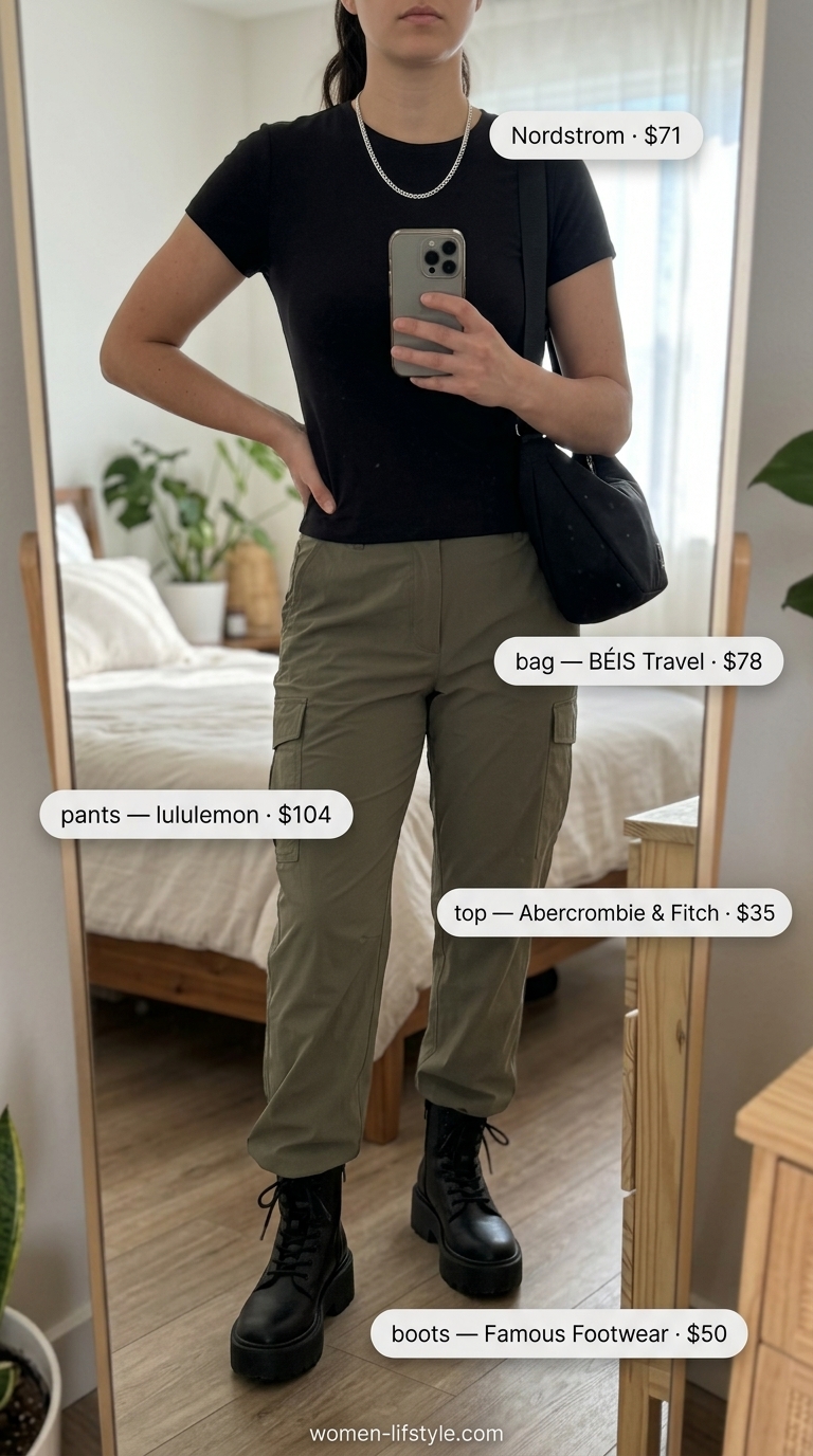 Casual outfit inspo summer for women 2026: Olive cargo pants, black tee, black combat boots, crossbody bag.
