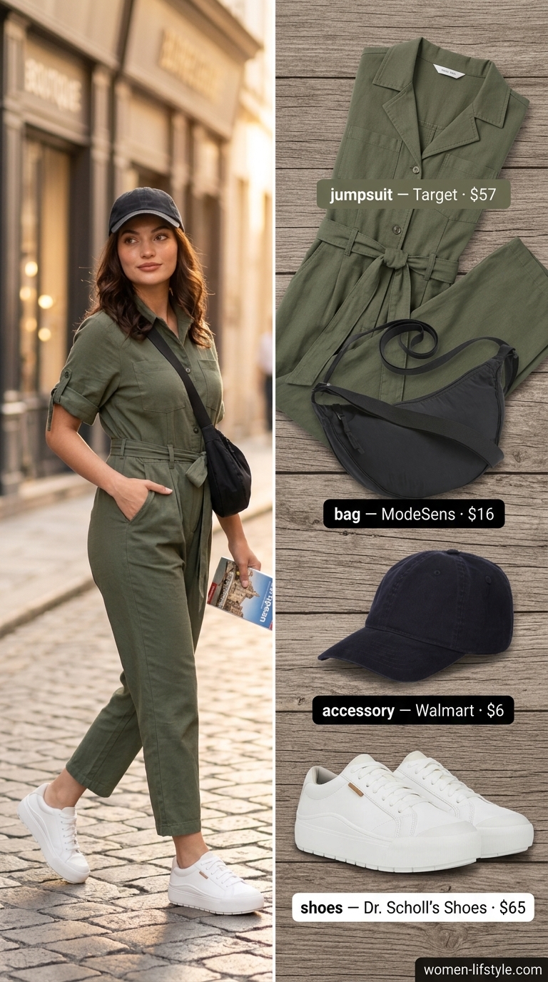 Casual outfit inspo summer for women 2026: Khaki jumpsuit, sneakers, crossbody bag for city.