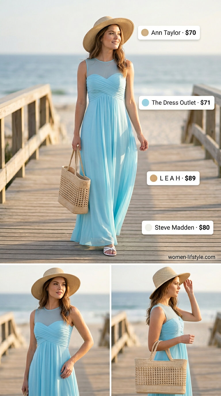 Casual outfit inspo summer for women 2026: Sky blue maxi dress, straw hat & tote, white sandals for beach.
