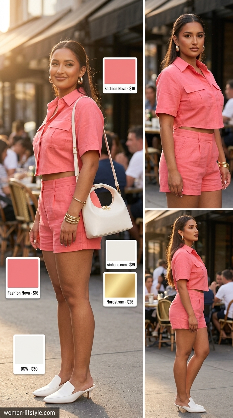 Casual outfit inspo summer for women 2026: Coral pink co-ord set, white mules, gold bangles for vacation.