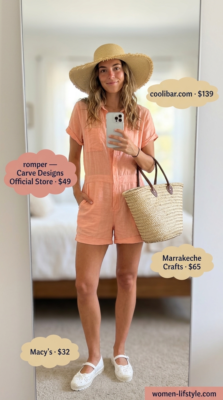 Casual outfit inspo summer for women 2026: Coral romper, straw hat, espadrilles, straw tote for beach.