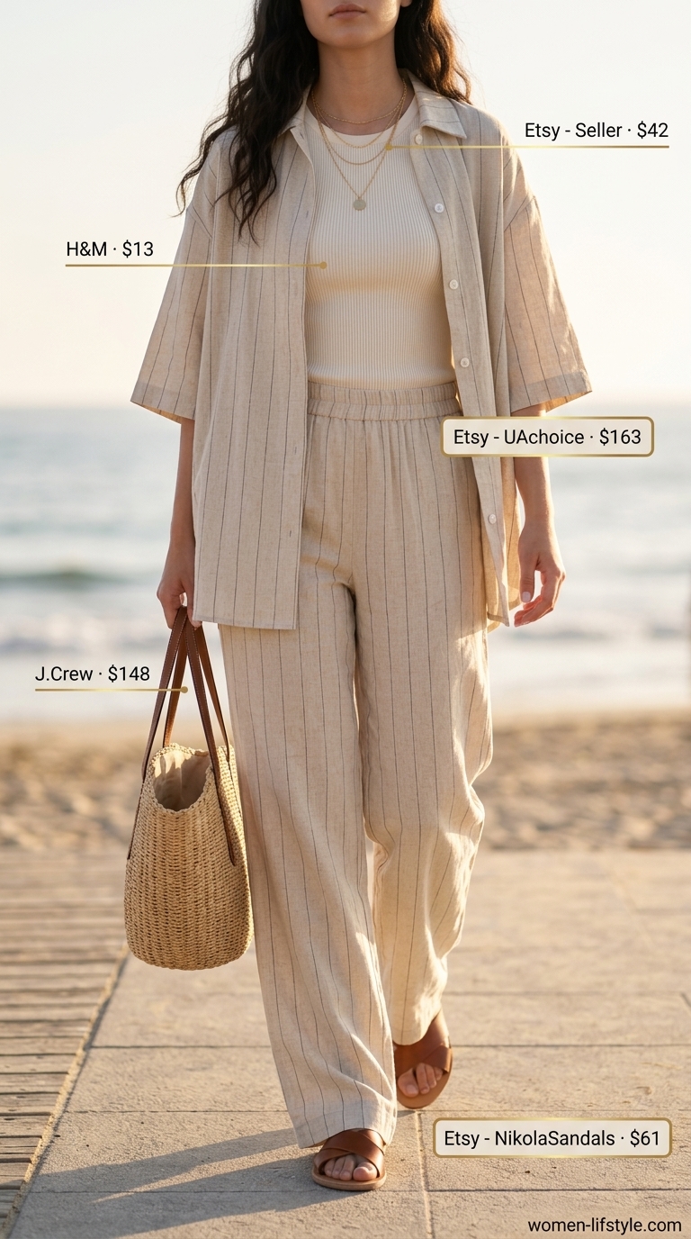 Casual outfit inspo summer for women 2026: Cream linen set, slides, straw tote for brunch.