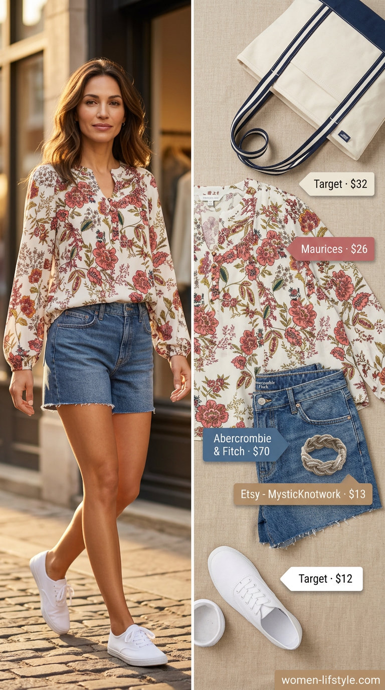 Casual outfit inspo summer for women 2026: Denim shorts, floral peasant blouse, white sneakers.