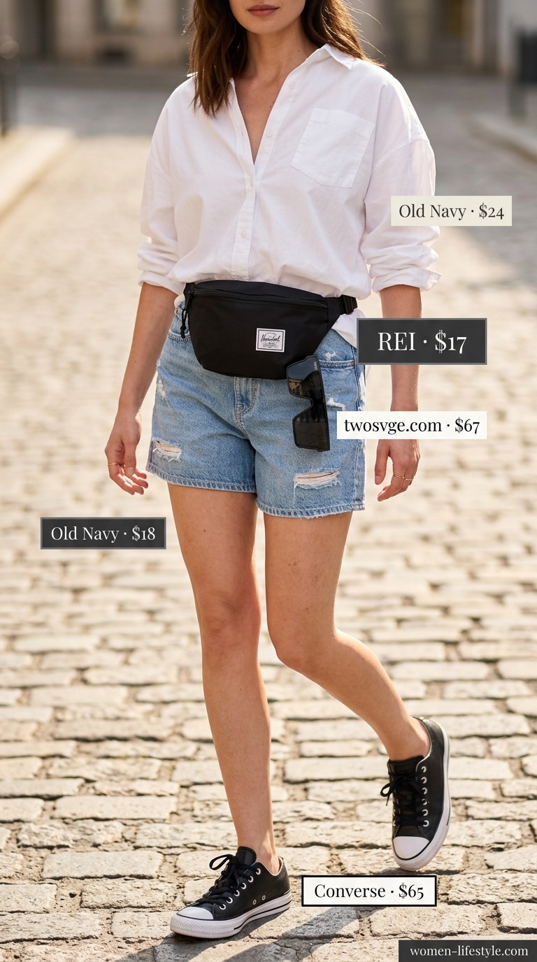 Casual outfit inspo summer for women 2026: Denim shorts, white button-down, white sneakers, black belt bag.