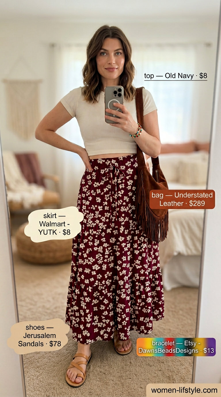 Casual outfit inspo summer for women 2026: Burgundy floral maxi skirt, white crop top, sandals.