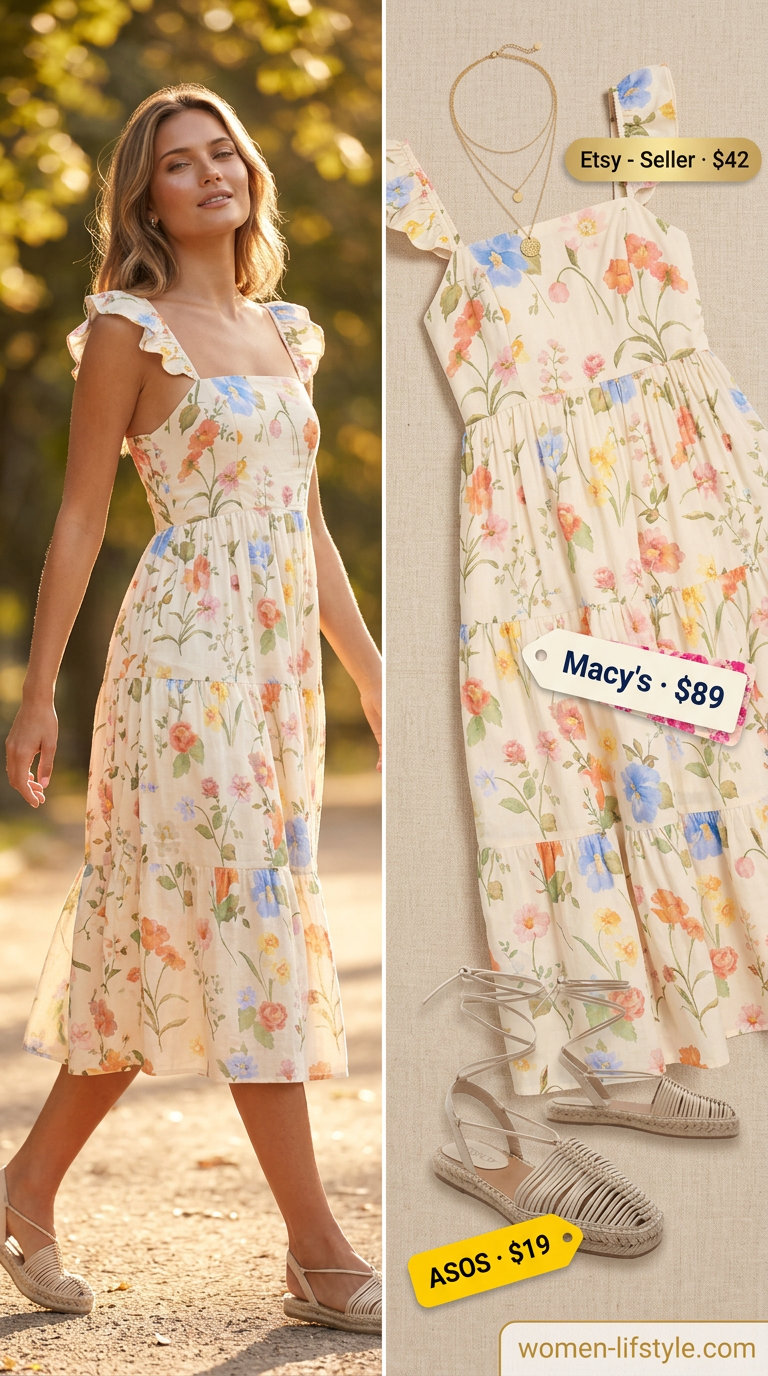 Casual outfit inspo summer for women 2026: Floral midi dress, straw tote, gold necklaces, espadrilles.