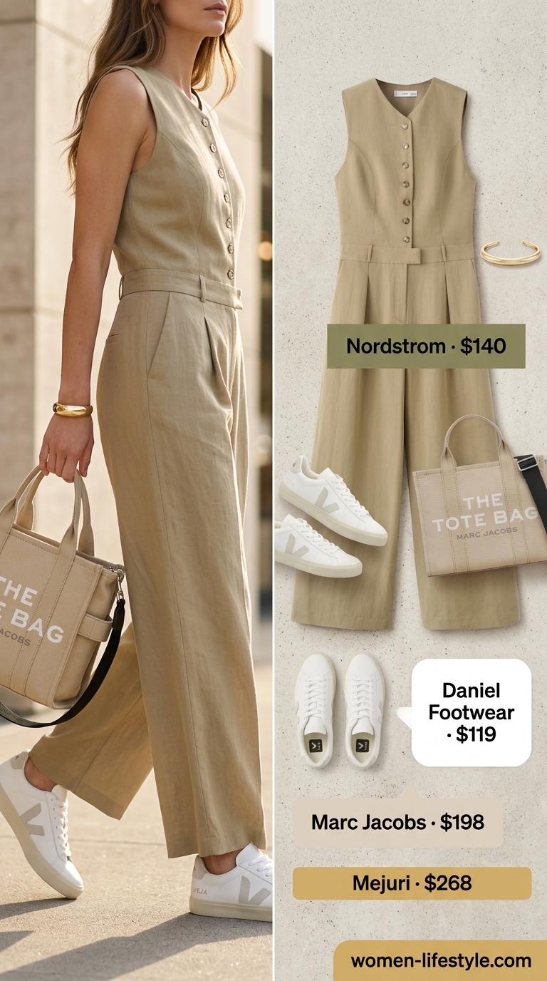 Casual outfit inspo summer for women 2026: Khaki green utility jumpsuit, white sneakers, canvas tote for a weekend getaway.