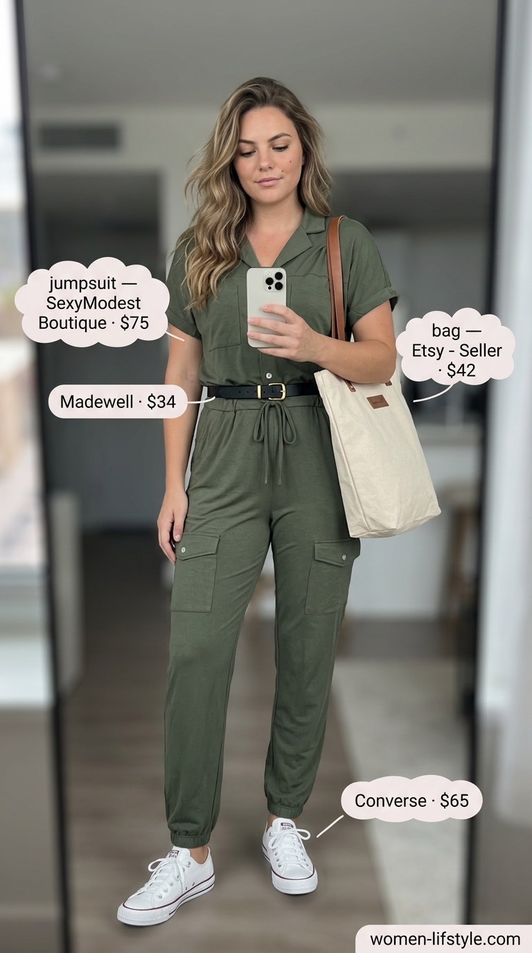 Casual outfit inspo summer for women 2026: Khaki jumpsuit, white sneakers, canvas tote for errands.