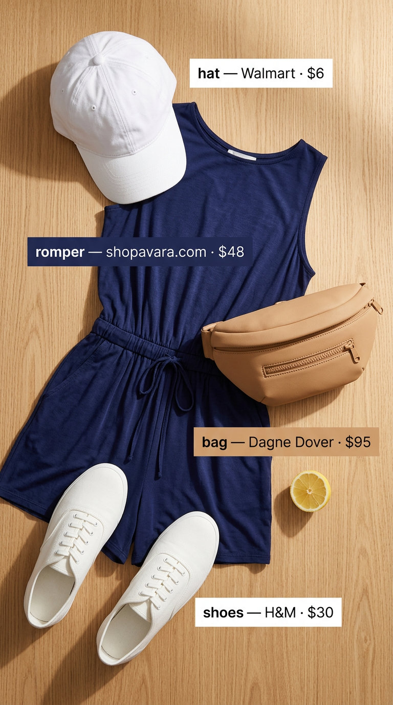 Casual outfit inspo summer for women 2026: Navy knit romper, white cap, tan belt bag, white sneakers.