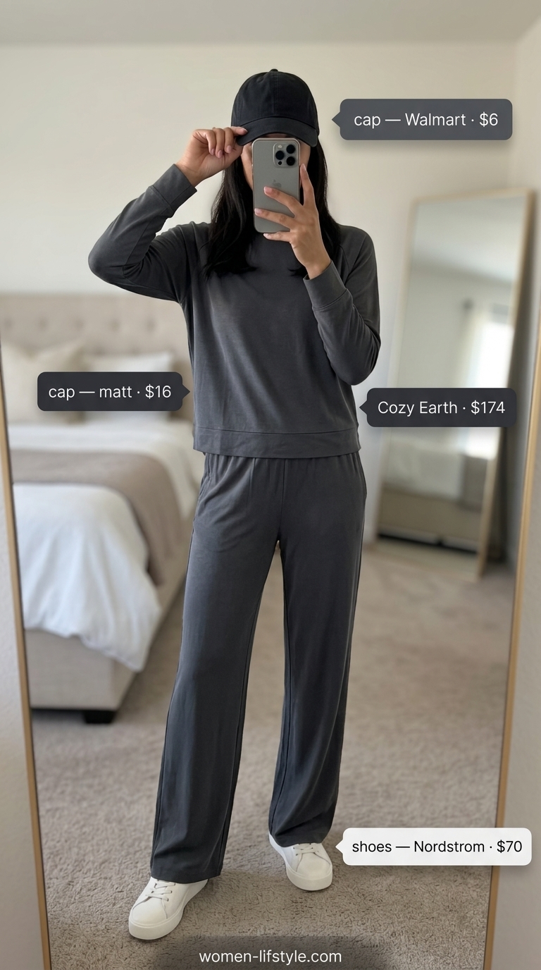 Casual outfit inspo summer for women 2026: Charcoal grey knit set, black cap, white sneakers, faux leather tote.