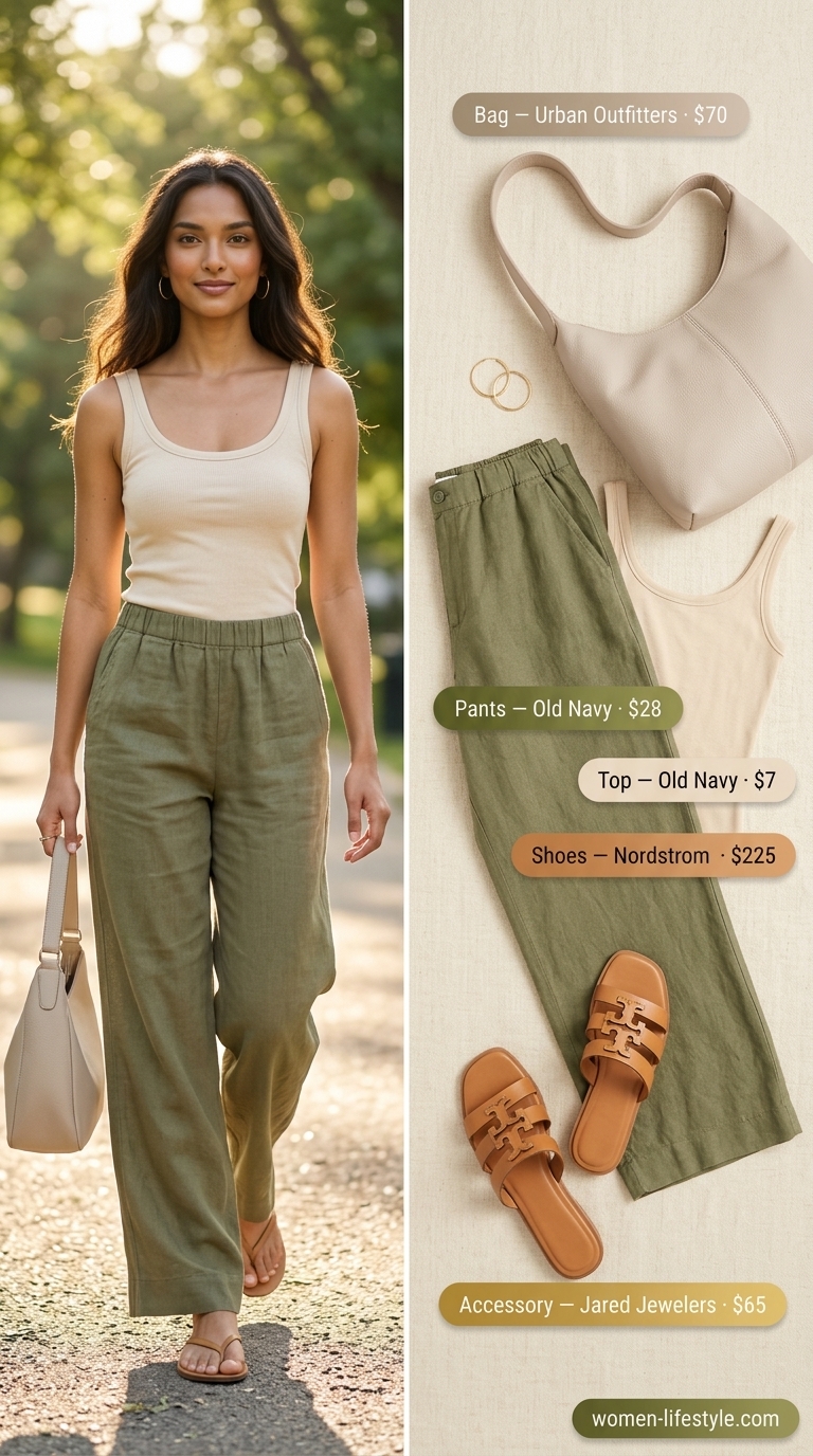 Casual outfit inspo summer for women 2026: Olive linen pants, cream tank, tan slides, gold hoops.