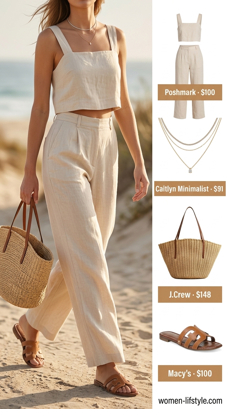 Casual outfit inspo summer for women 2026: Cream linen matching set, straw tote, and slide sandals for a beach vacation.