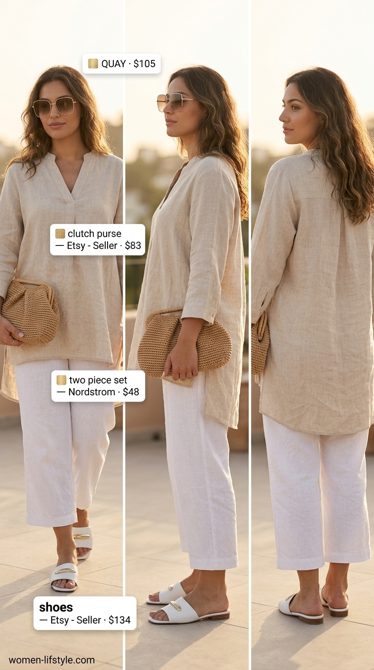 Casual outfit inspo summer for women 2026: Beige linen set, white sandals, raffia clutch, gold sunglasses.