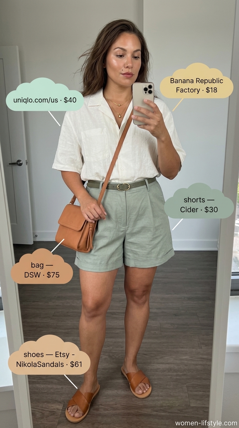 Casual outfit inspo summer for women 2026: Sage green linen shorts, white linen shirt, tan slides, gold necklace.