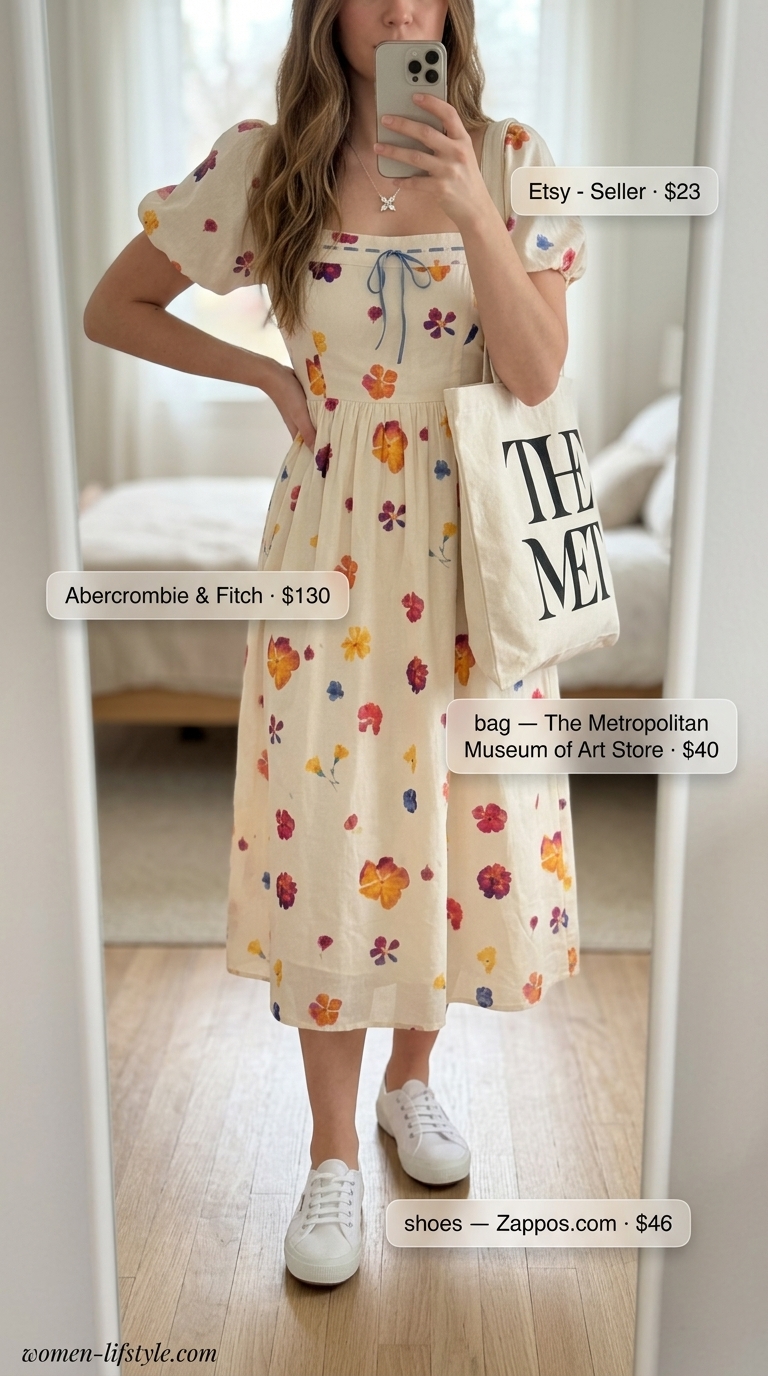 Casual outfit inspo summer for women 2026: Floral midi dress, canvas sneakers, and tote bag for a farmers market.